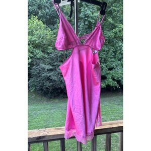 VICTORIAS SECRET VS SATIN LACE Barbie PINK Babydoll Slip Gown Sleep Cutout Sexy